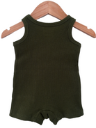 Olive green ribbed onesie hanging on a wooden hanger, showcasing the back view.