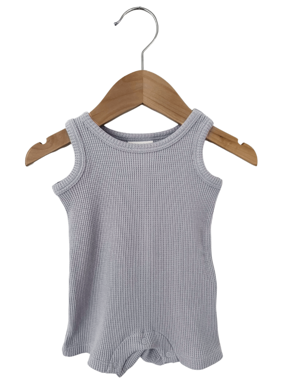 Gray ribbed tank top hanging on a wooden hanger.