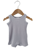 Gray ribbed tank top hanging on a wooden hanger.