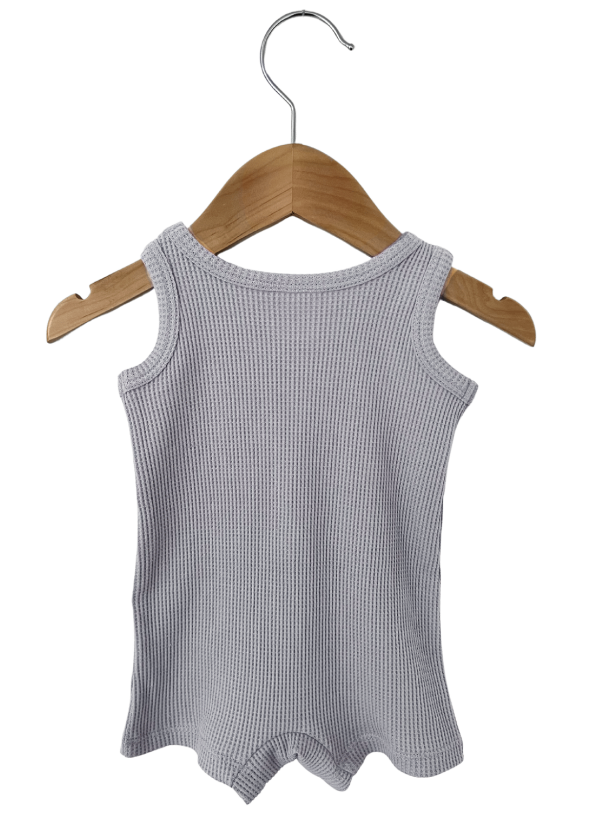 Gray sleeveless shirt hanging on wood hanger against a white background.