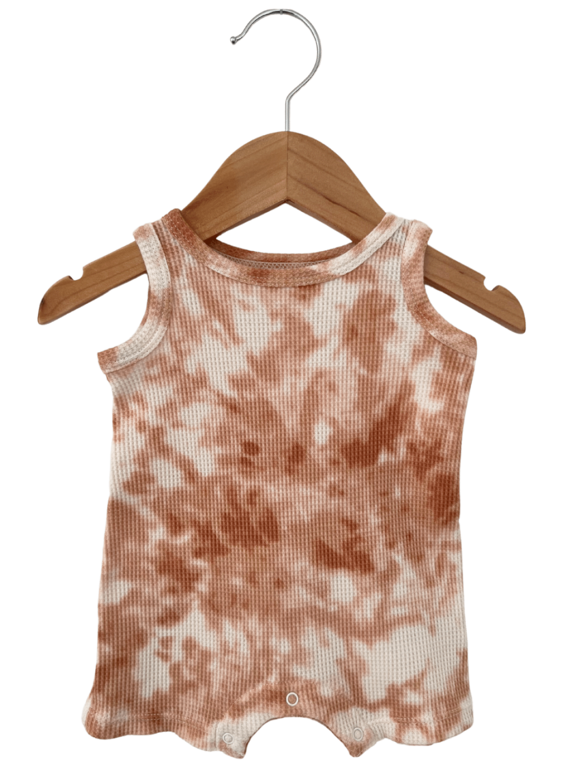 Brown tie-dye sleeveless baby onesie hanging on a wooden hanger.