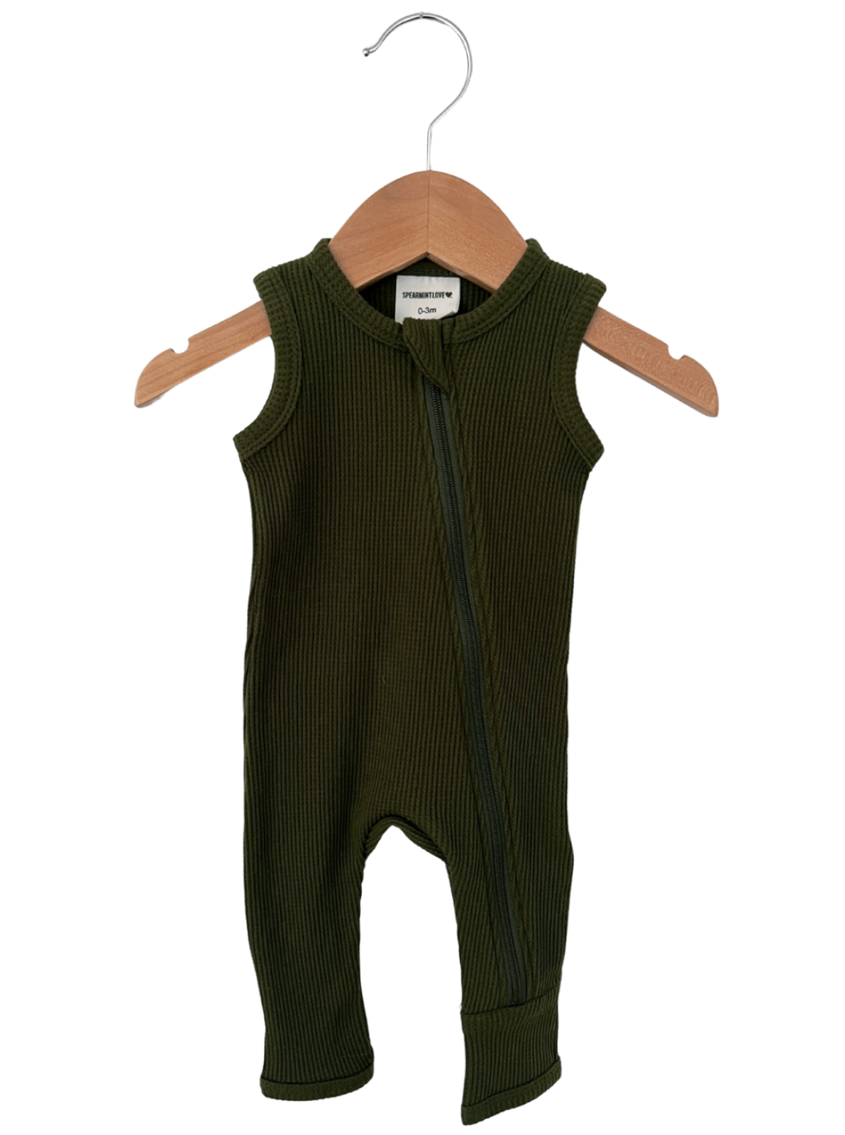 Olive green ribbed infant onesie on a wooden hanger, featuring a front zipper and sleeveless design.