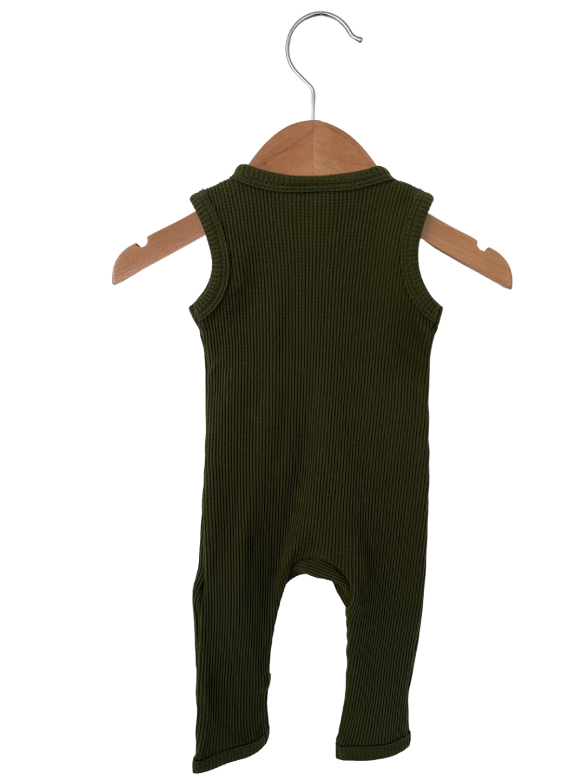Green ribbed baby romper hanging on a wooden hanger against a white background.
