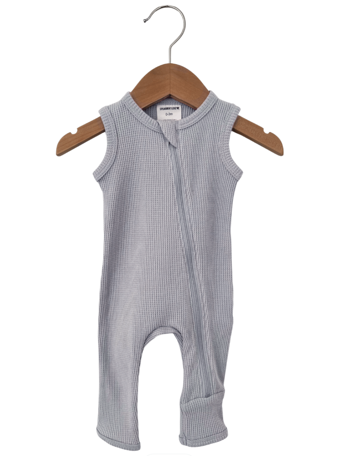 Light gray sleeveless baby romper hanging on a wooden hanger, featuring a front zipper closure.