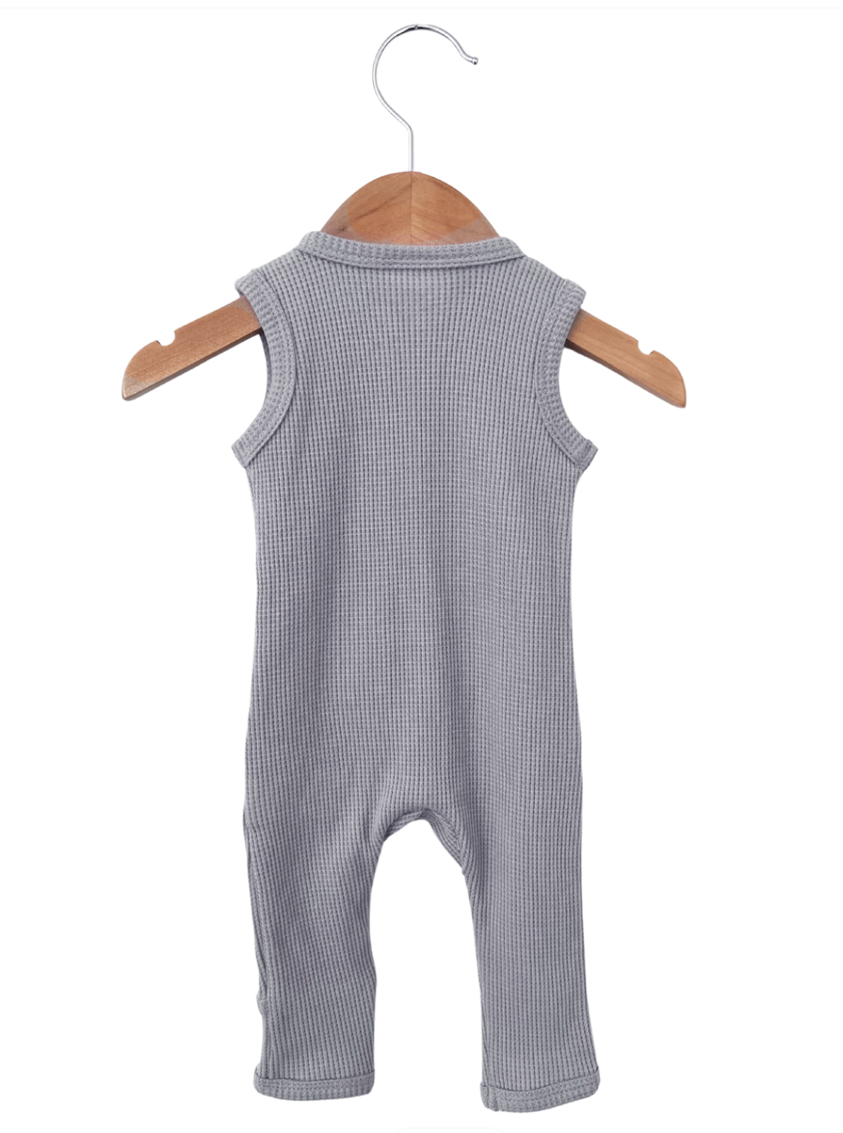Gray ribbed baby romper hanging on a wooden hanger against a white background.