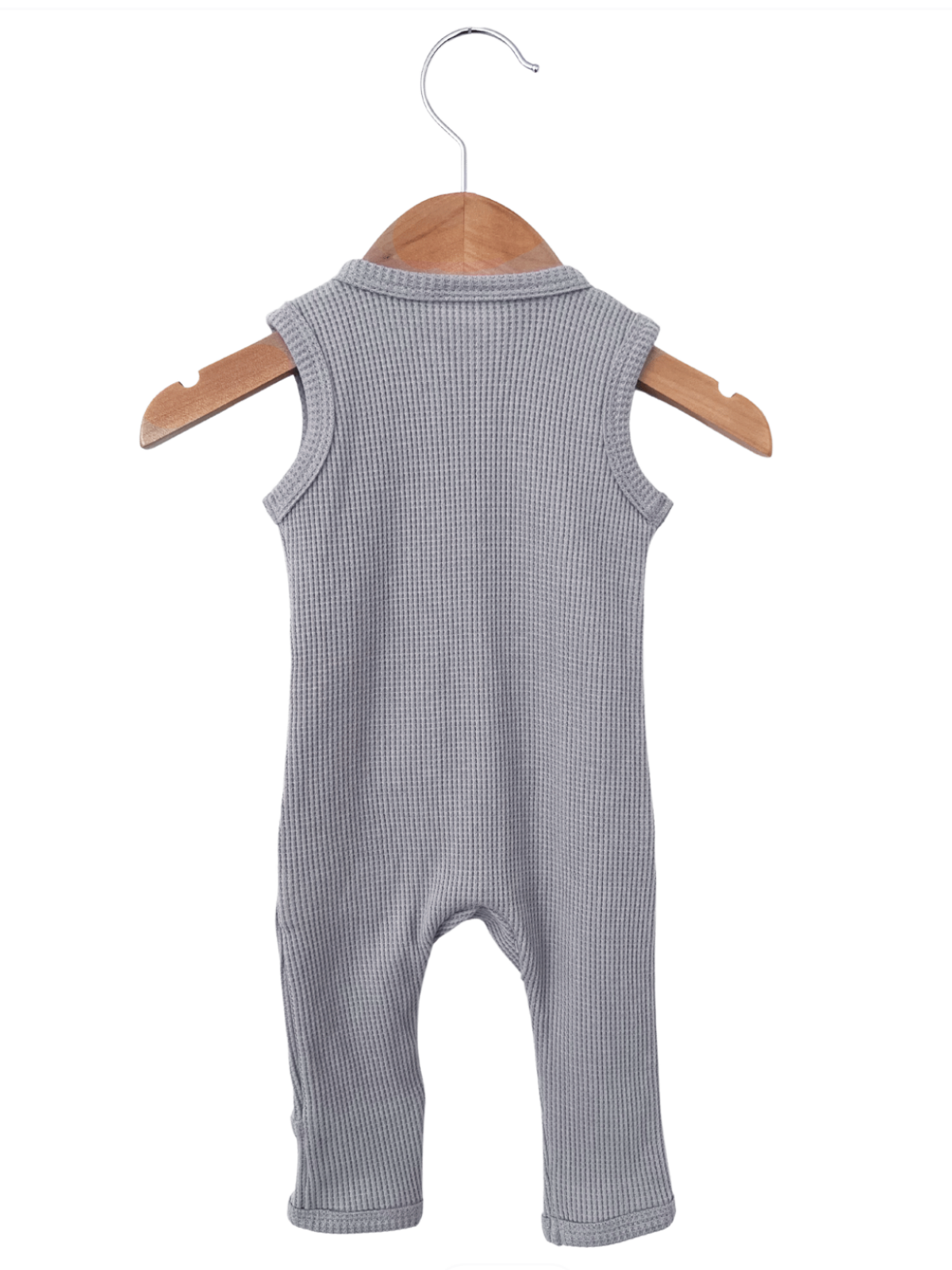 Gray ribbed baby romper hanging on a wooden hanger against a white background.