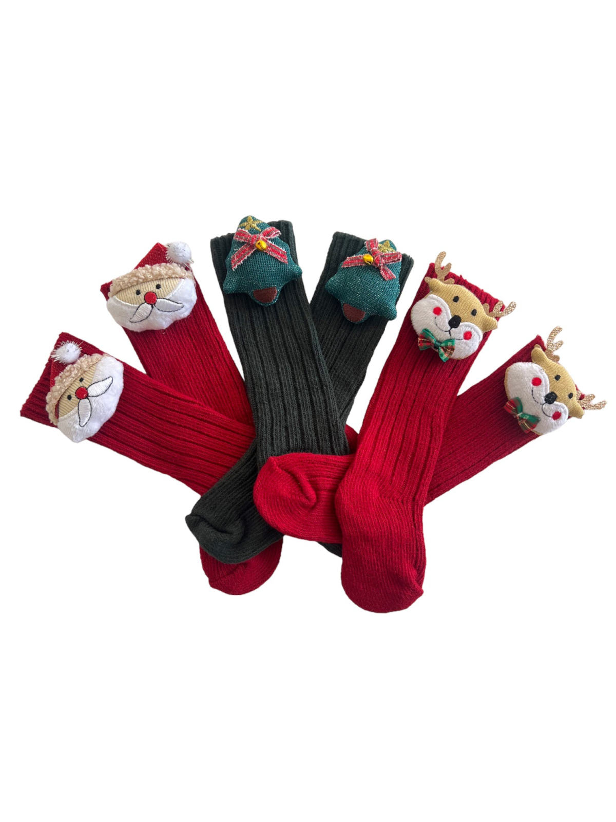 Five festive socks featuring Santa, a reindeer, and Christmas bells in red and dark green colors.