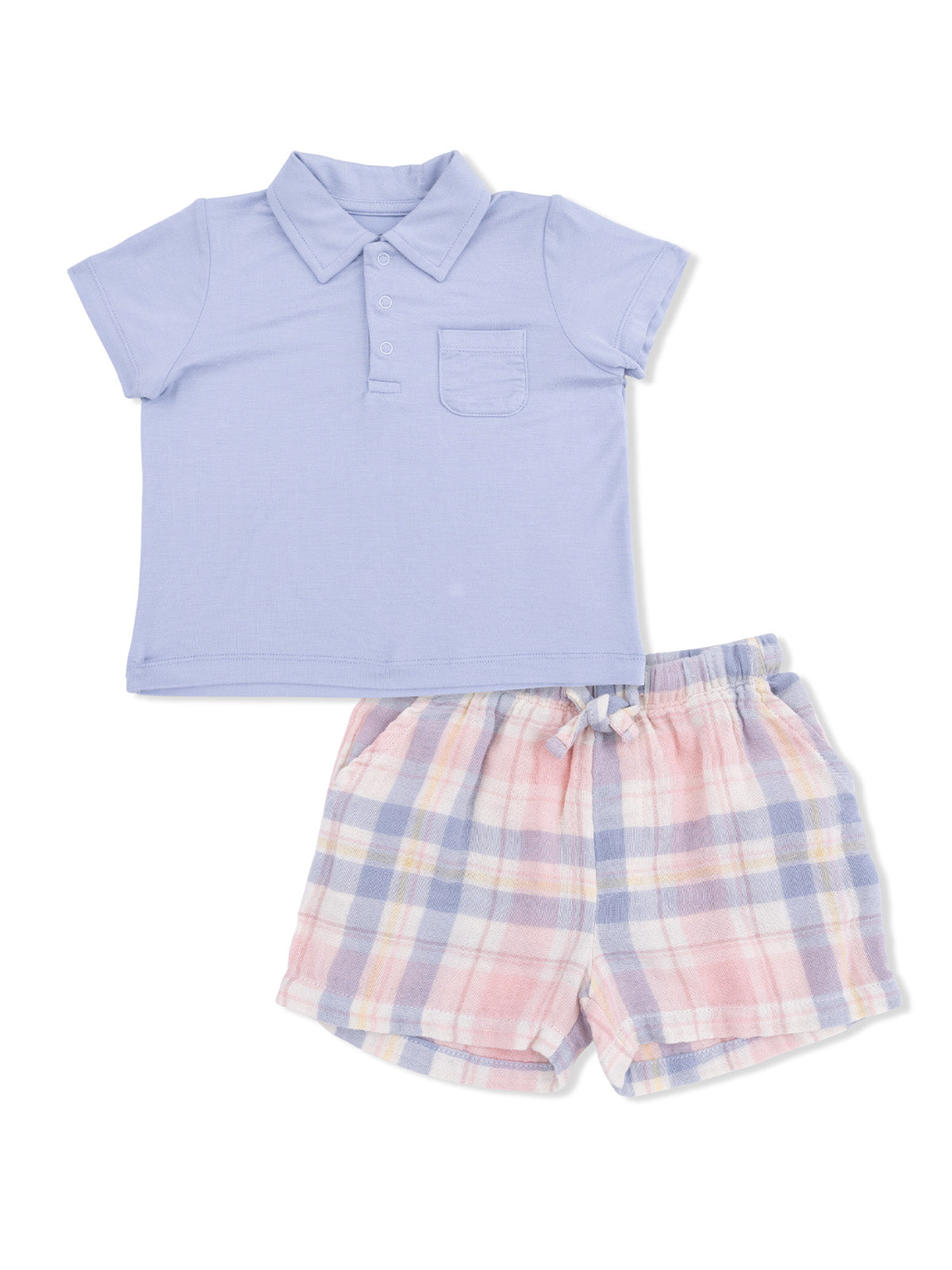 Light blue short-sleeve polo shirt with a pocket, paired with pink and blue plaid shorts.