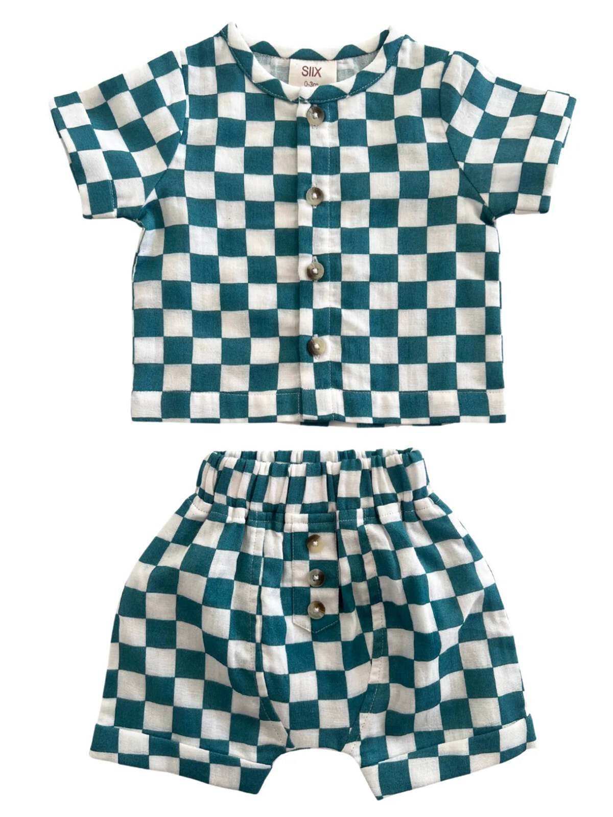 Teal and white checkered toddler clothing set, featuring a short-sleeve shirt and matching shorts.