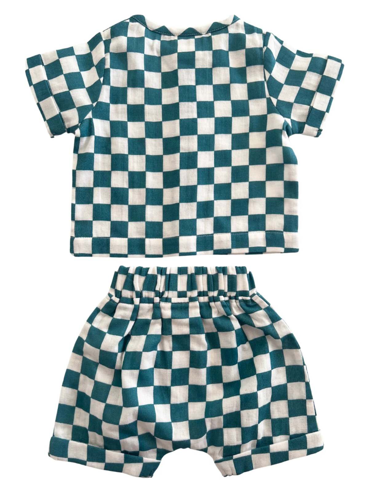 Teal and white checkered kids' outfit featuring a short-sleeve shirt and matching shorts.