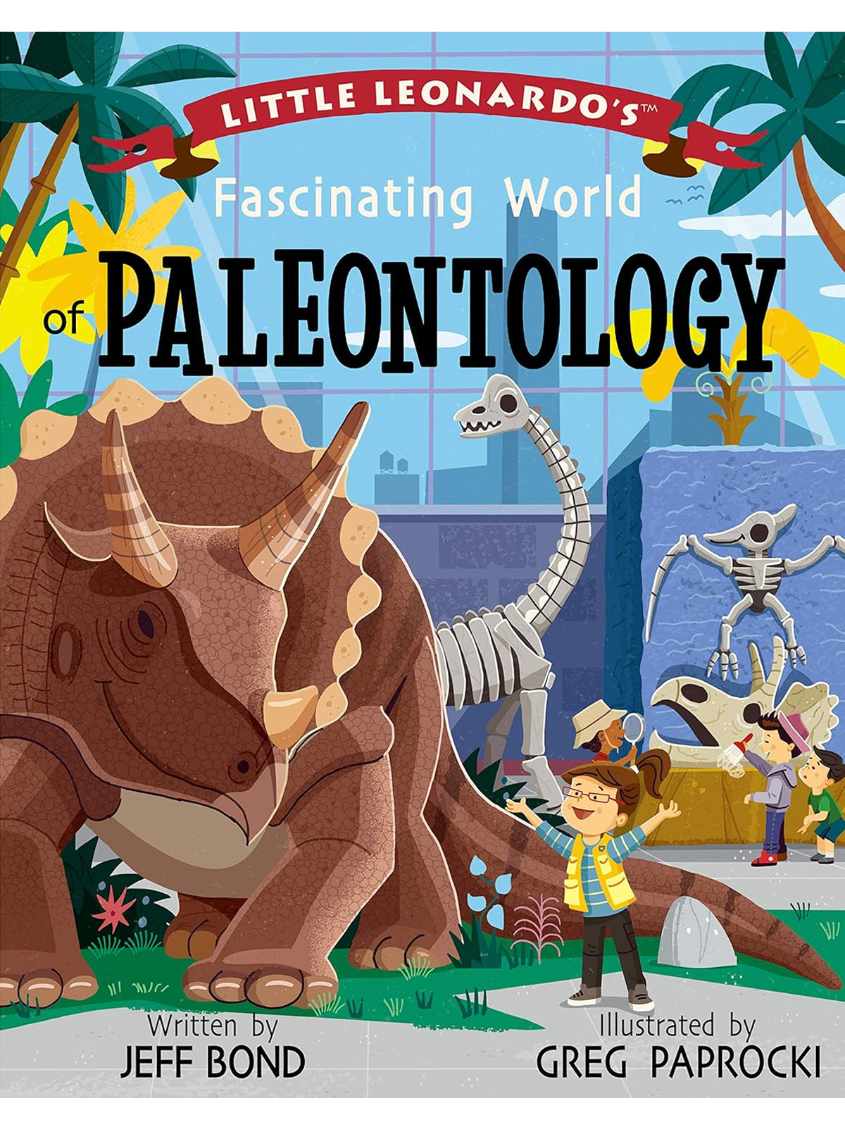 Cover of "Little Leonardo's Fascinating World of Paleontology," featuring a dinosaur and children exploring.