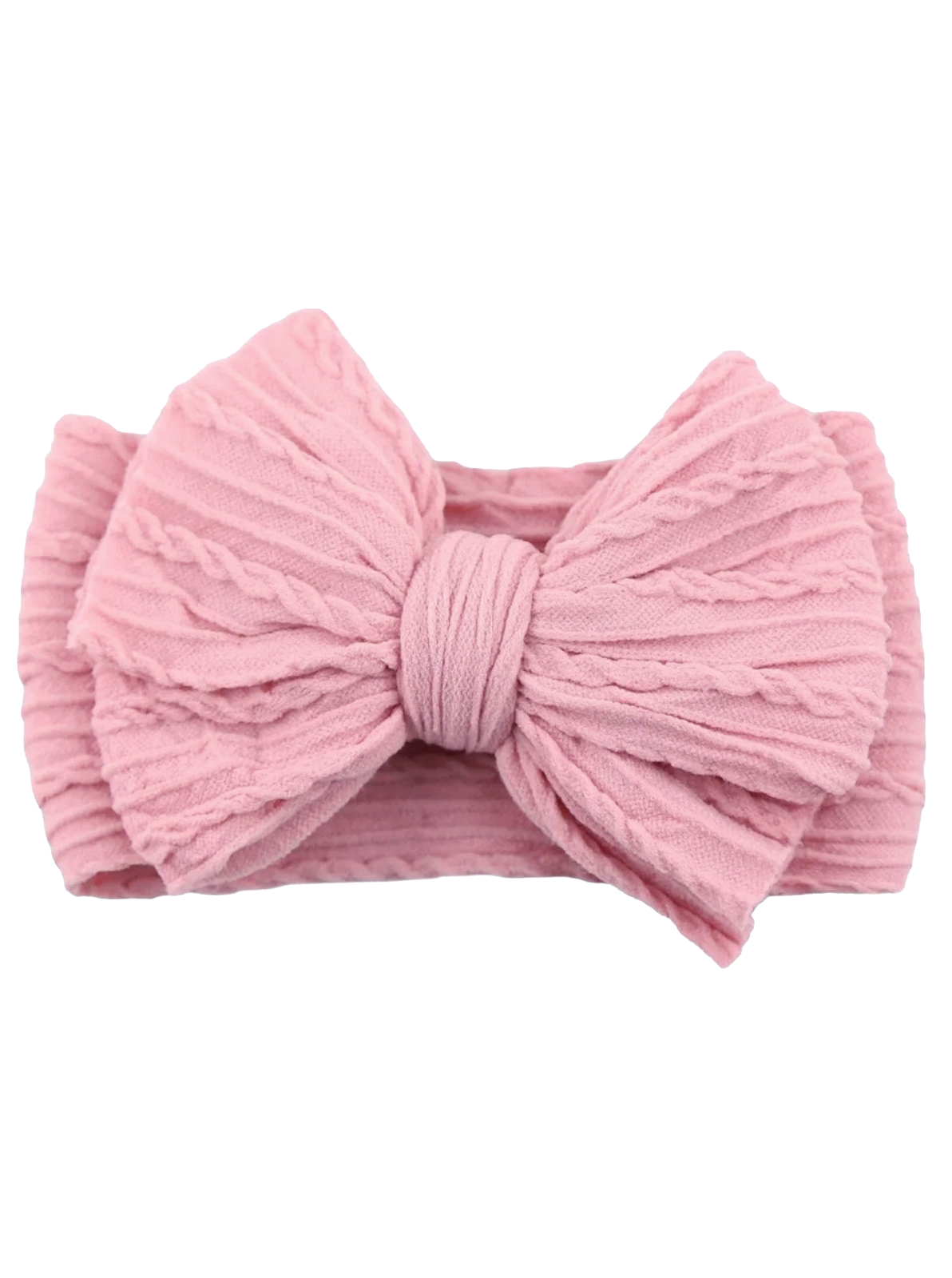 Pink textured bow hairband with a knotted center, perfect for adding a stylish touch to any outfit.