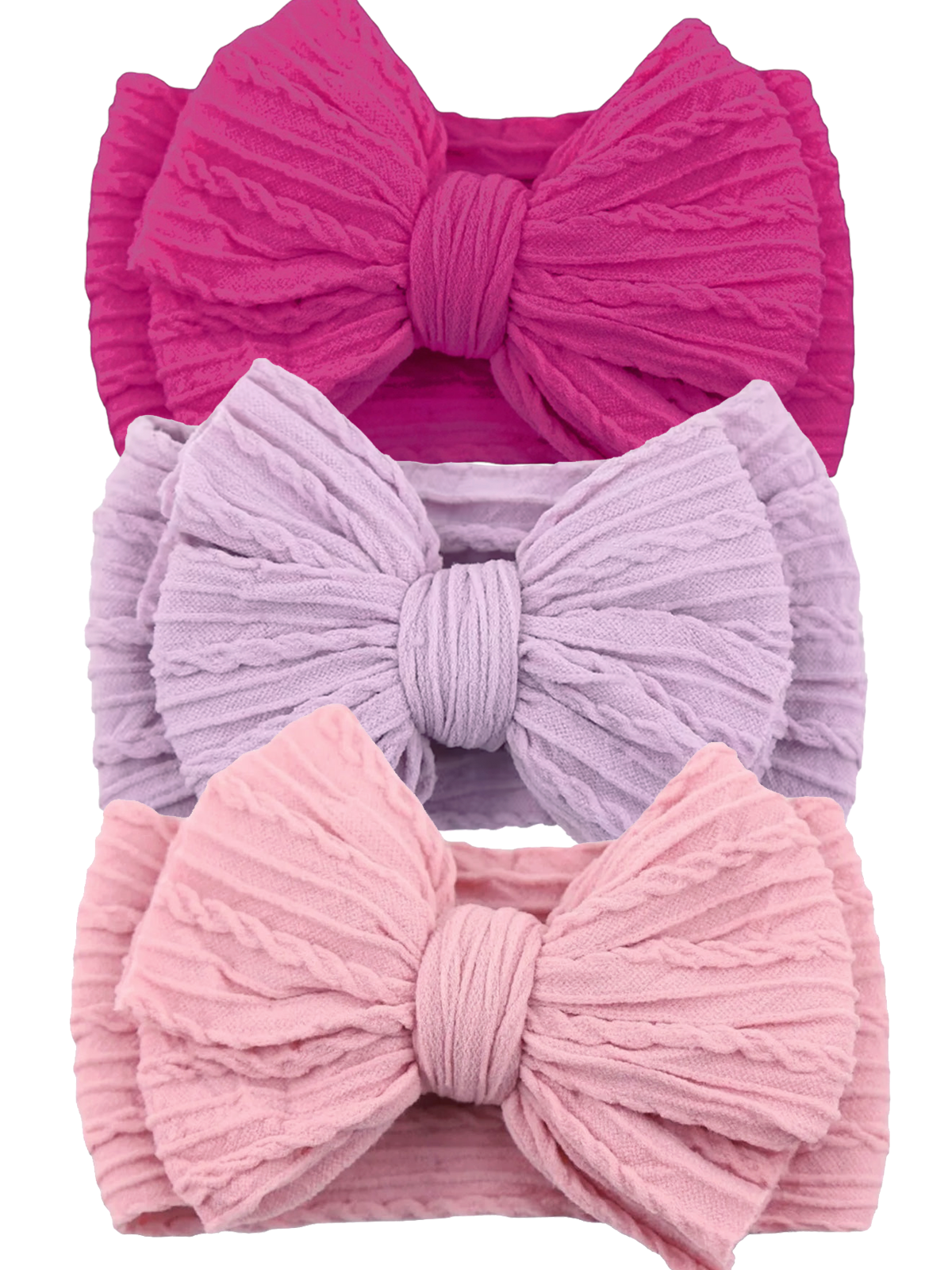 Three textured hairbands in pink, lavender, and light pink with large bows stacked vertically.
