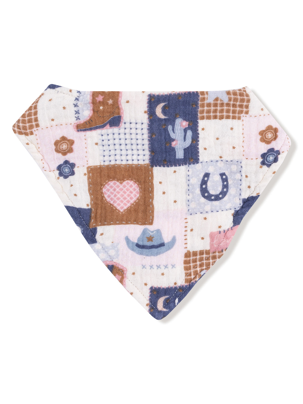 Colorful bandana with a patchwork design, featuring western motifs like boots, cacti, and stars.