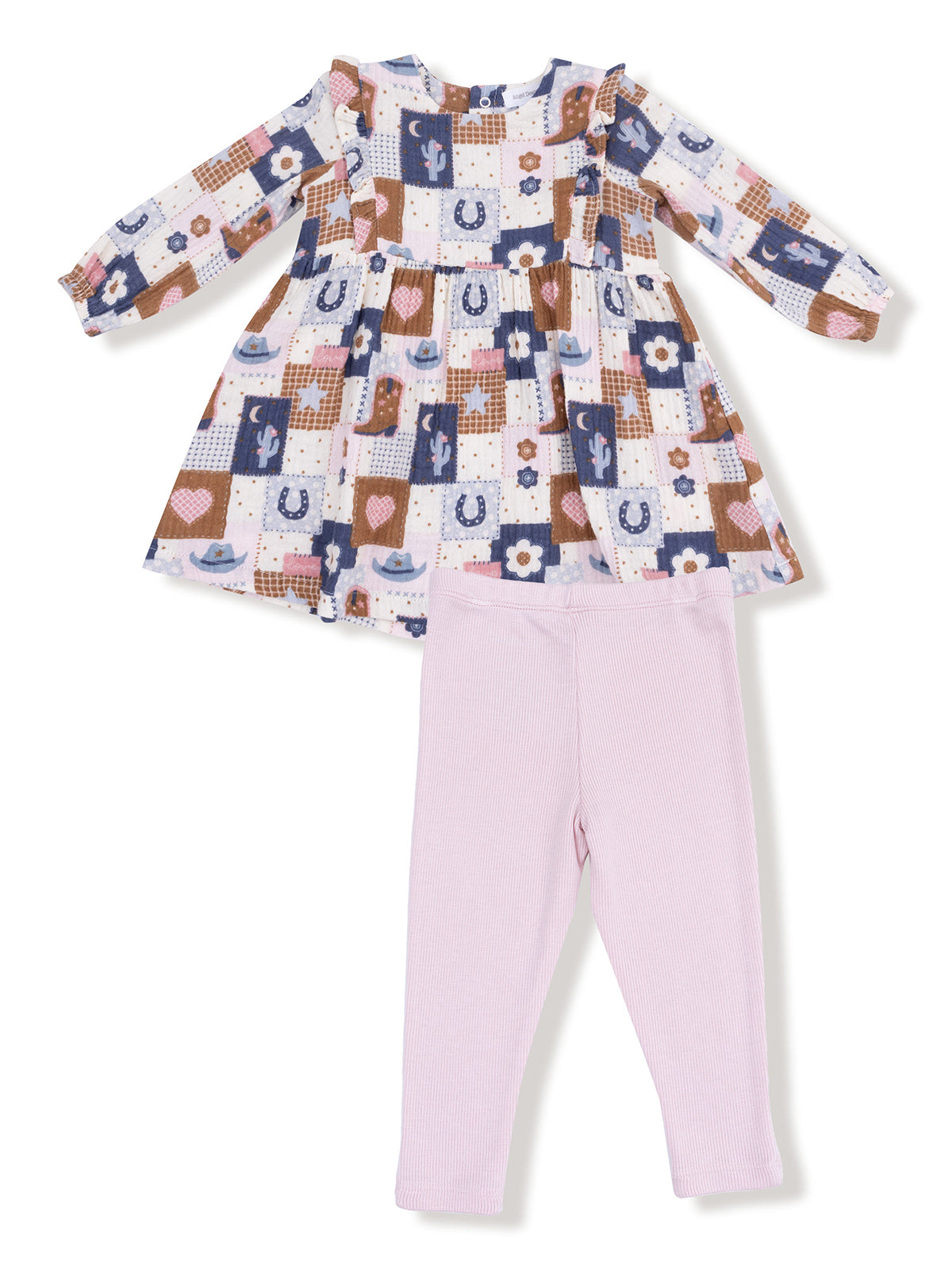 Colorful toddler dress with long sleeves and pink leggings, featuring a playful patchwork design.