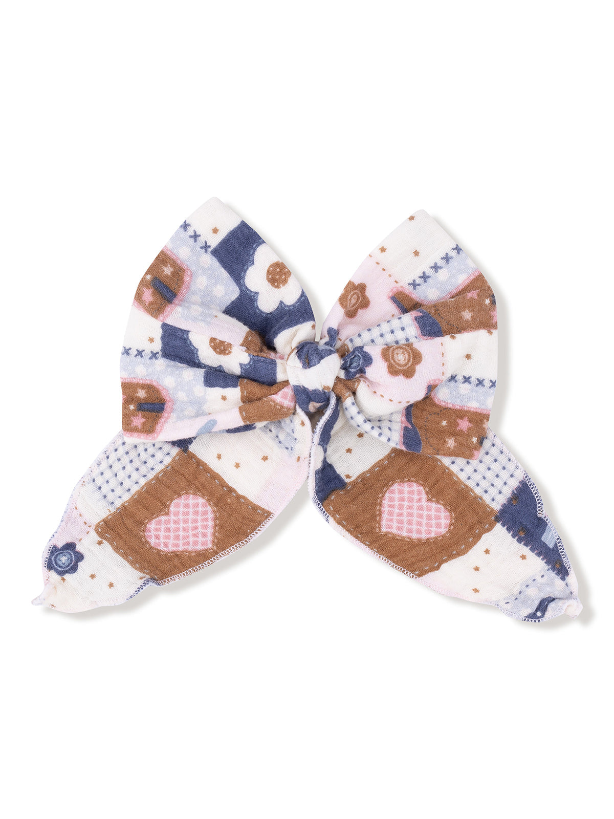 Colorful patterned bow with floral and heart designs, perfect for hair accessories or decoration.