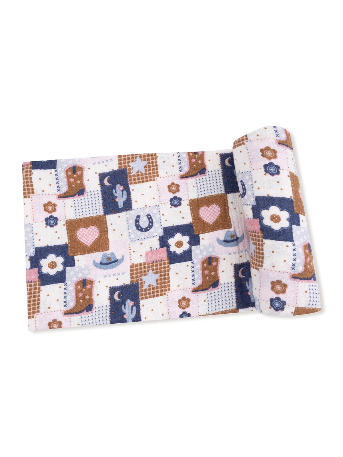 Colorful fabric with patchwork patterns featuring cowboy boots, cacti, flowers, and hearts. Perfect for crafts or decor.