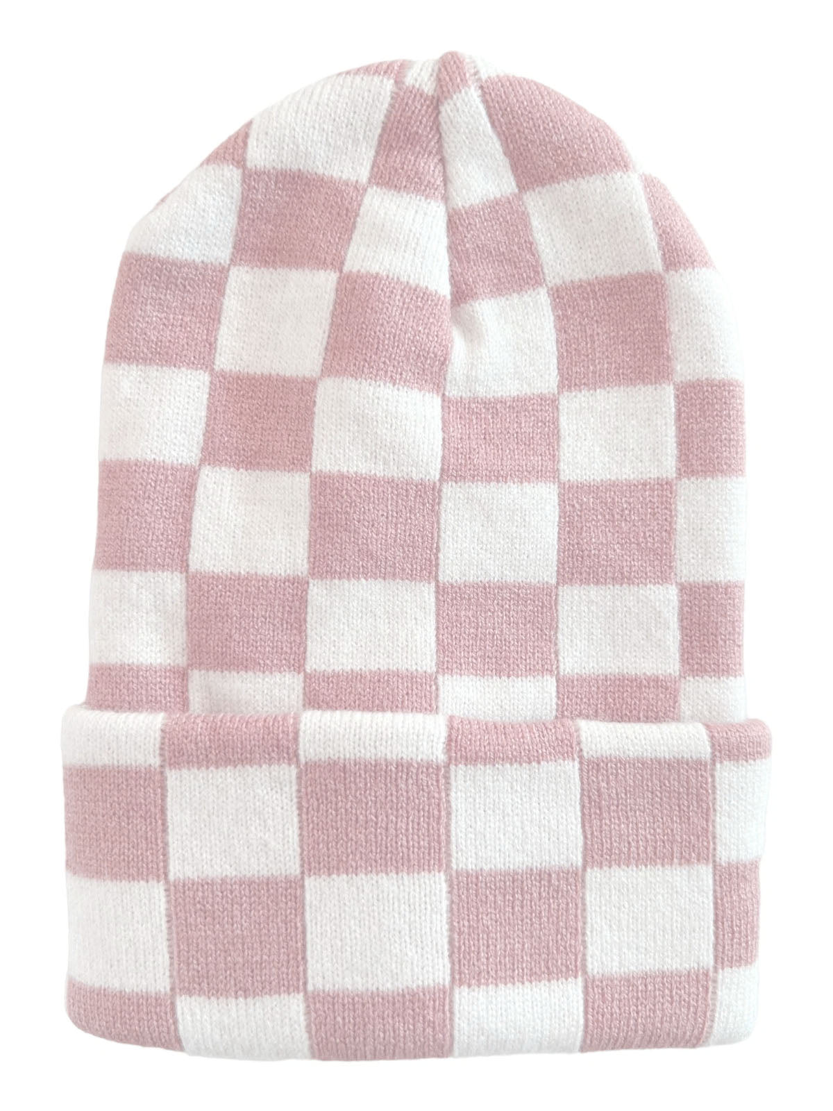 Pink and white checkerboard knit beanie hat with a folded cuff.