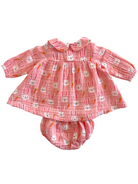 Pink baby dress with bunny print and matching bloomers, featuring a collared neckline and long sleeves.