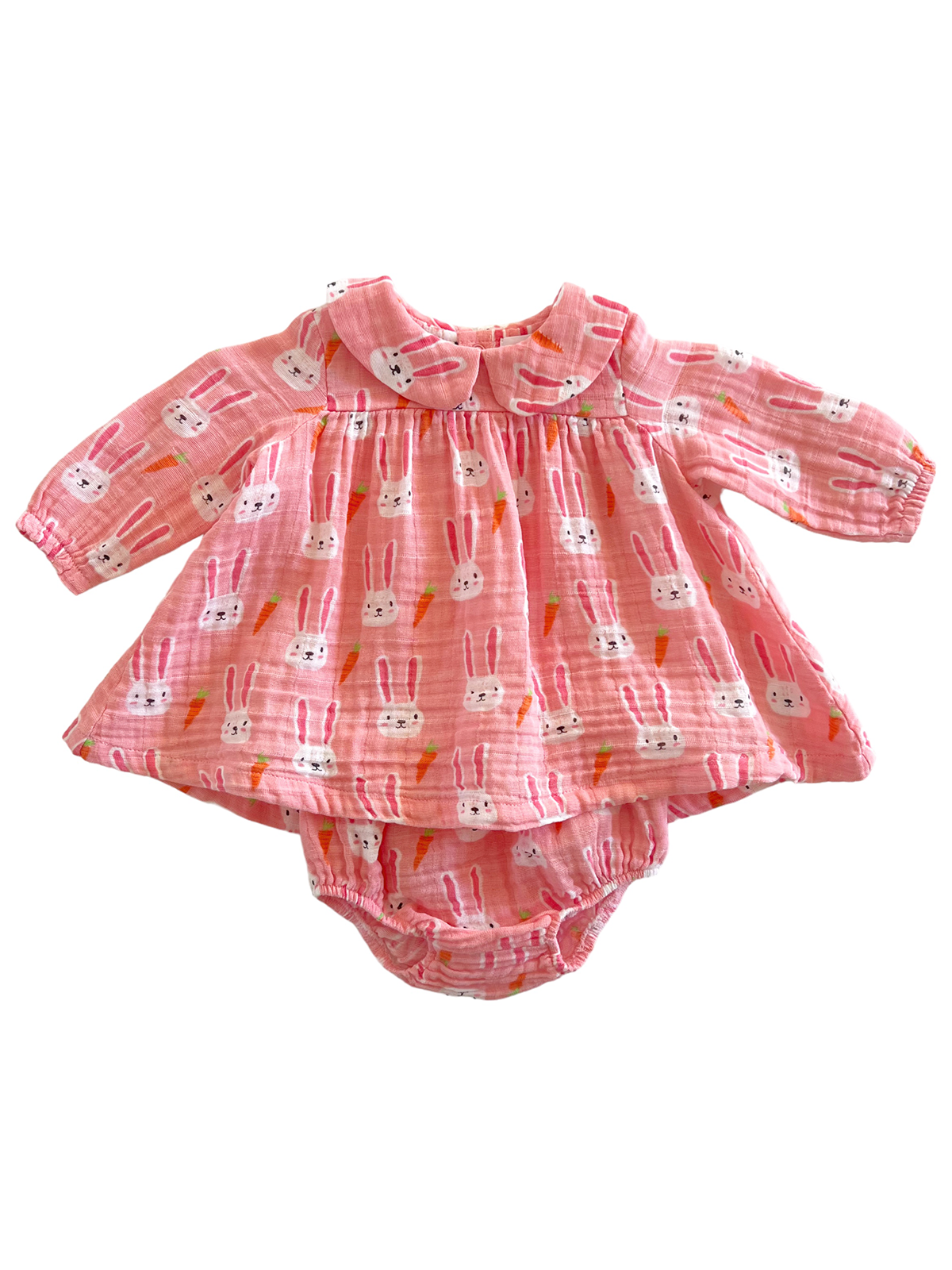 Pink baby dress with bunny and carrot print, featuring long sleeves and a collar, paired with a matching bottom.