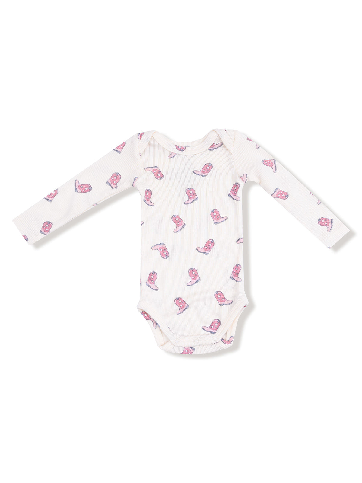 White long-sleeve baby onesie with a pattern of pink cowgirl hats.