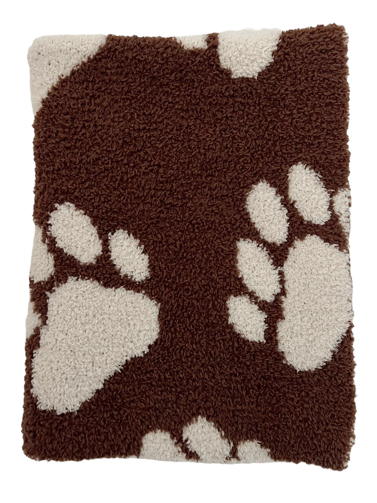 Brown and cream patterned blanket with paw prints on a soft texture. Ideal for pet lovers.