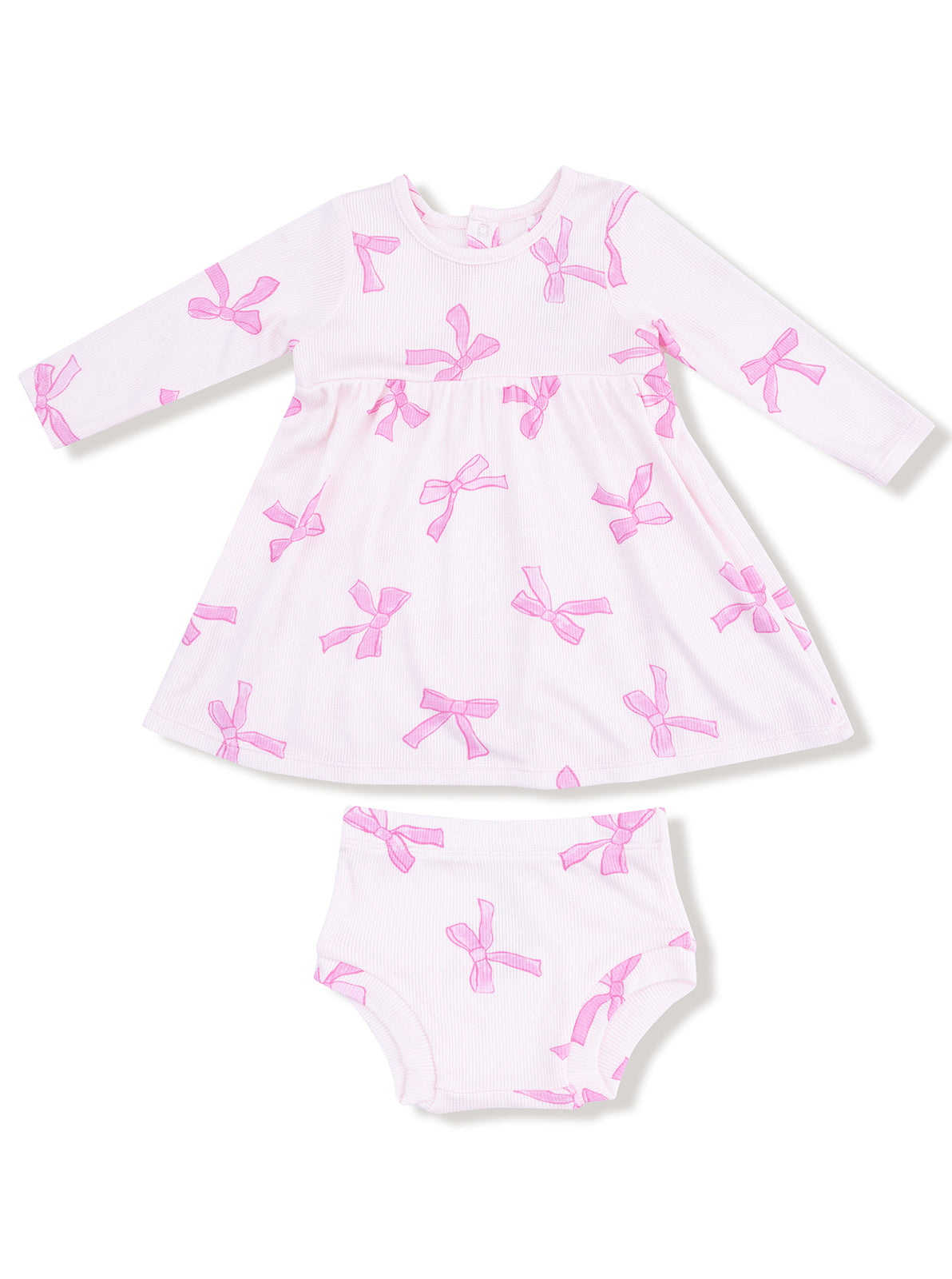 Pink bow-patterned baby dress with matching bloomers, featuring long sleeves and a round neckline.