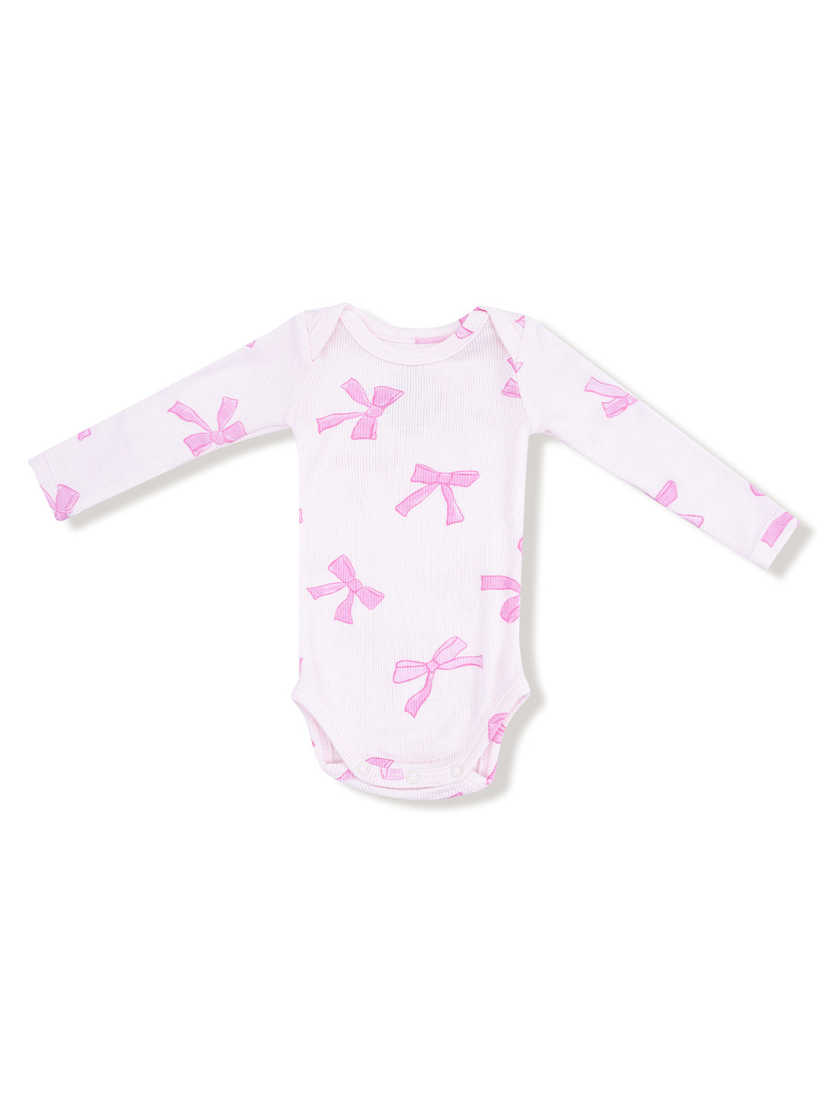 Light pink baby onesie with long sleeves and a pattern of small bows.