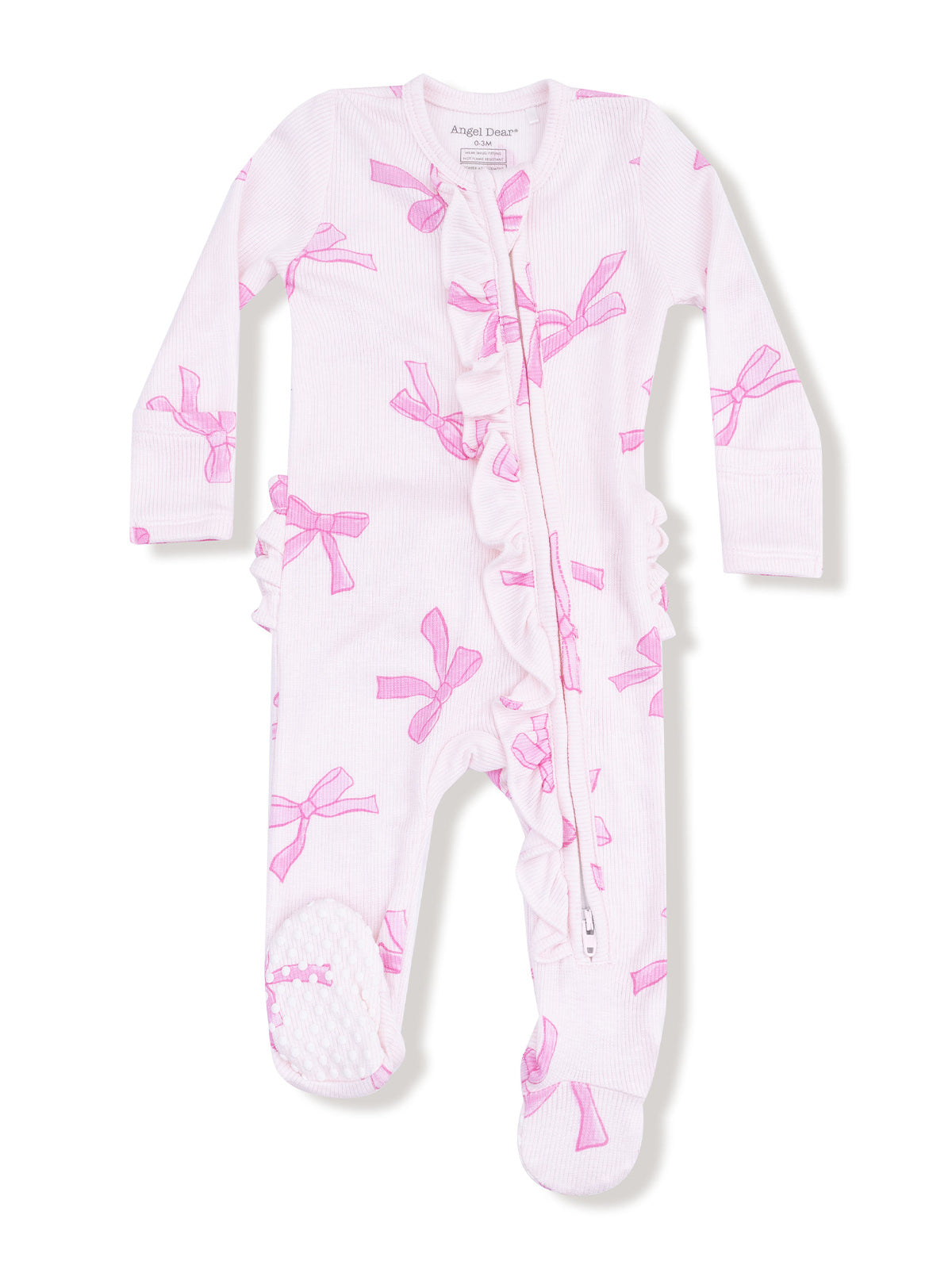 Pink bow-patterned footed onesie with ruffles and a zipper, perfect for babies.