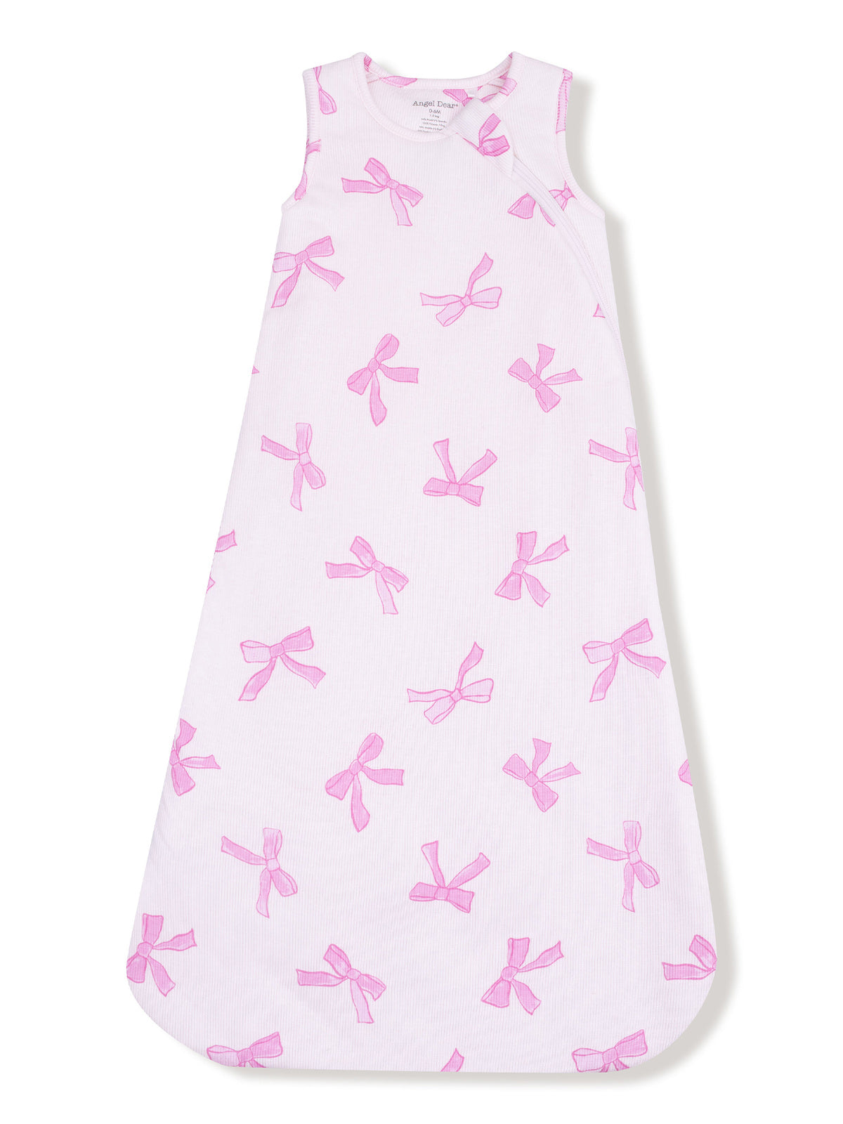 White sleep sack with a pink bow pattern, designed for infants. Ideal for comfort and warmth during sleep.