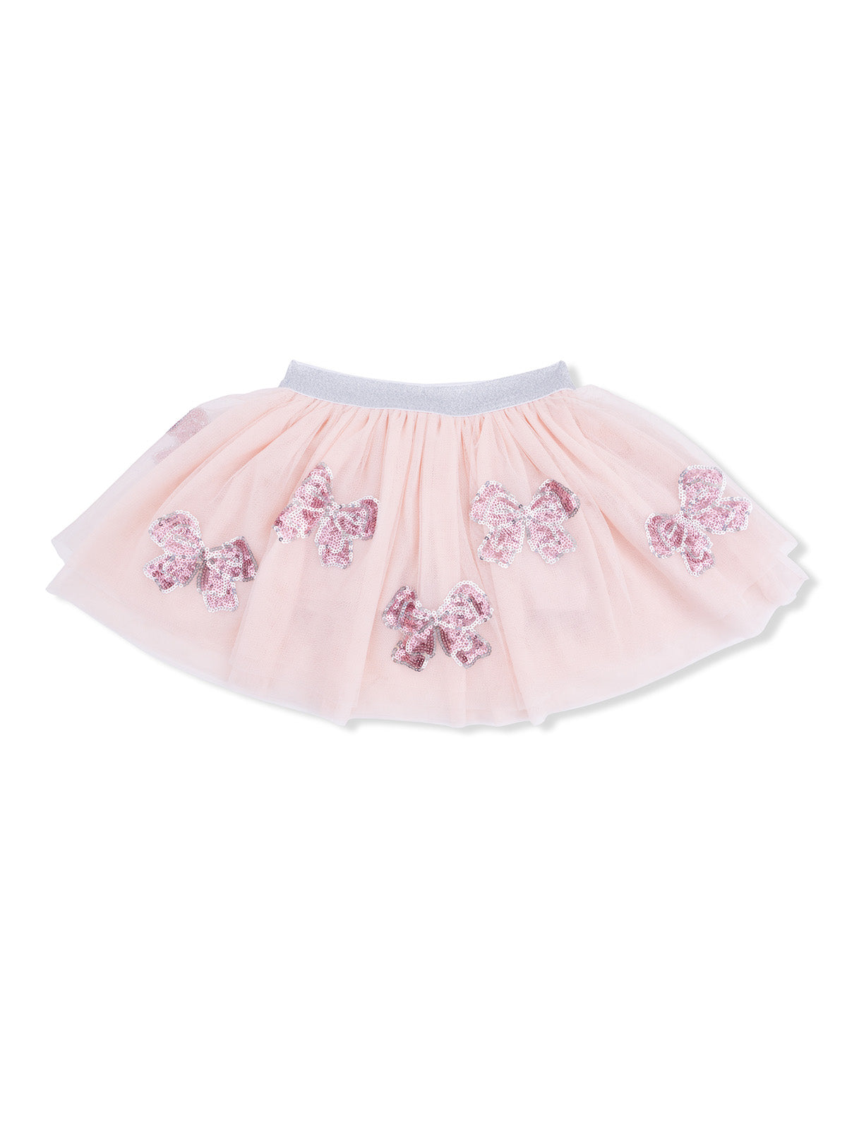 Pink tutu skirt with shiny pink bow embellishments and elastic waistband. Perfect for dress-up or special occasions.