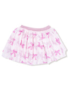 Pink tulle skirt with a layered design and repeating bow pattern, featuring a soft, elastic waistband.