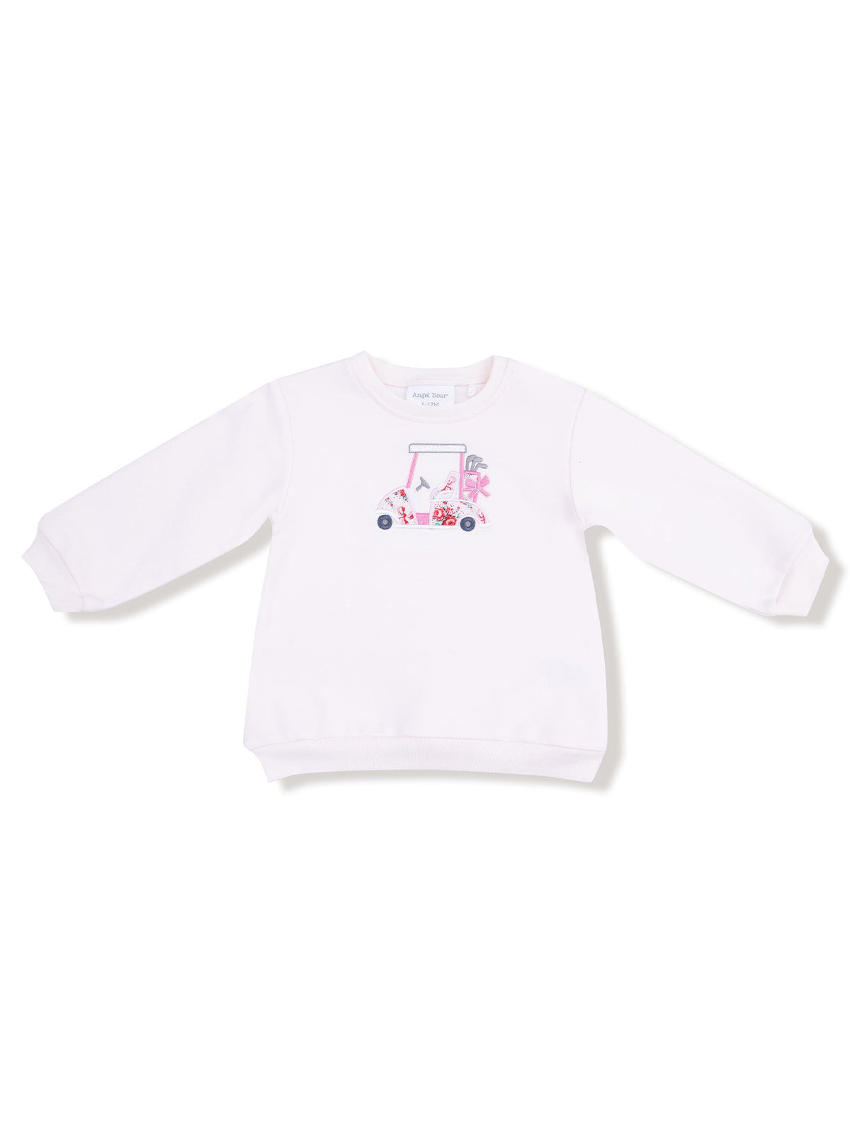 White sweatshirt for kids featuring a colorful graphic of a vintage car with floral designs.