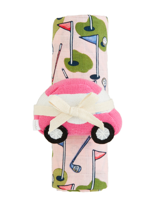 Golf Cart Swaddle Blanket & Rattle Set, Pink