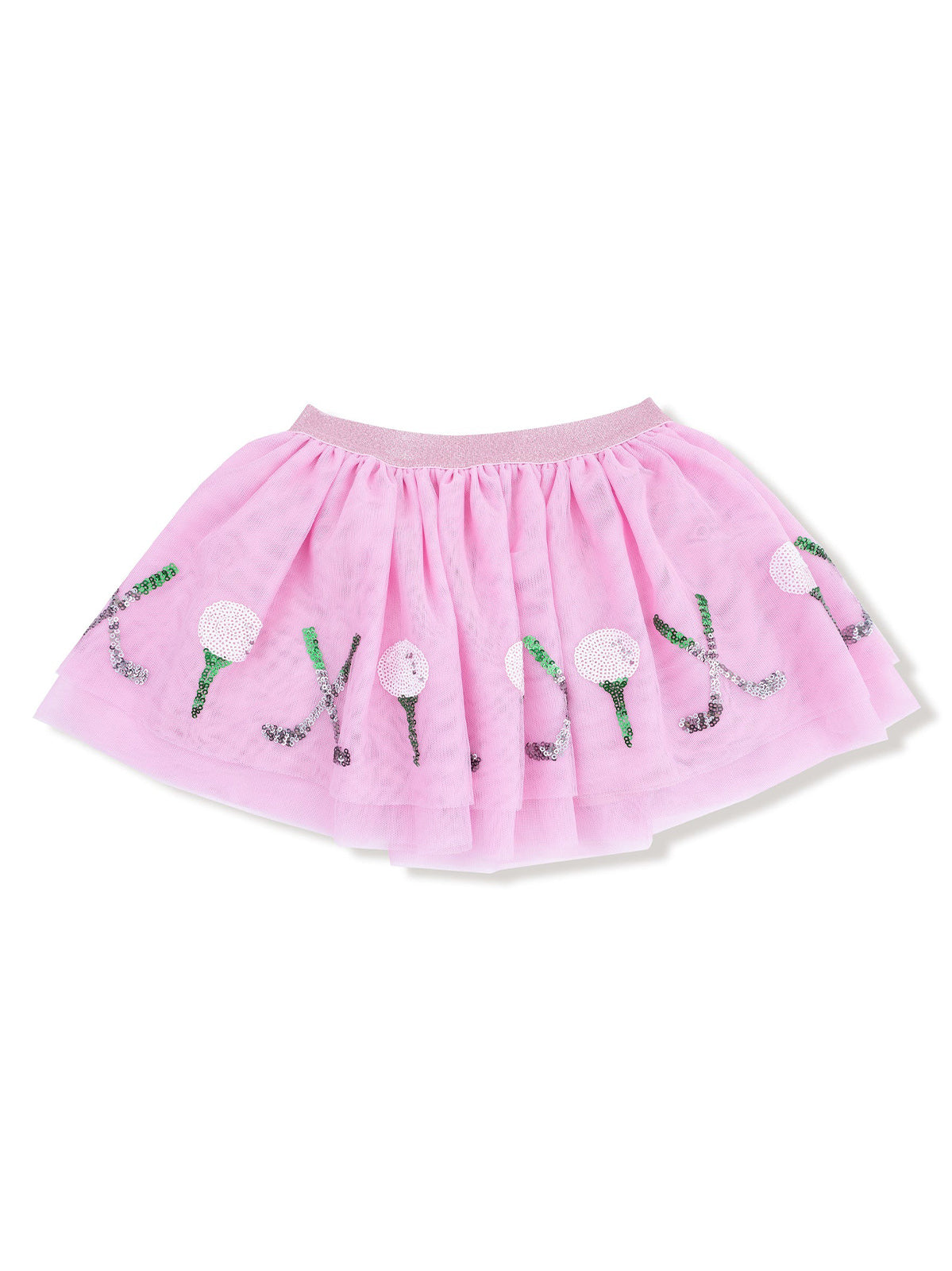 Light pink tulle skirt with sequin flower embellishments and elastic waistband. Perfect for kids' playful outfits.