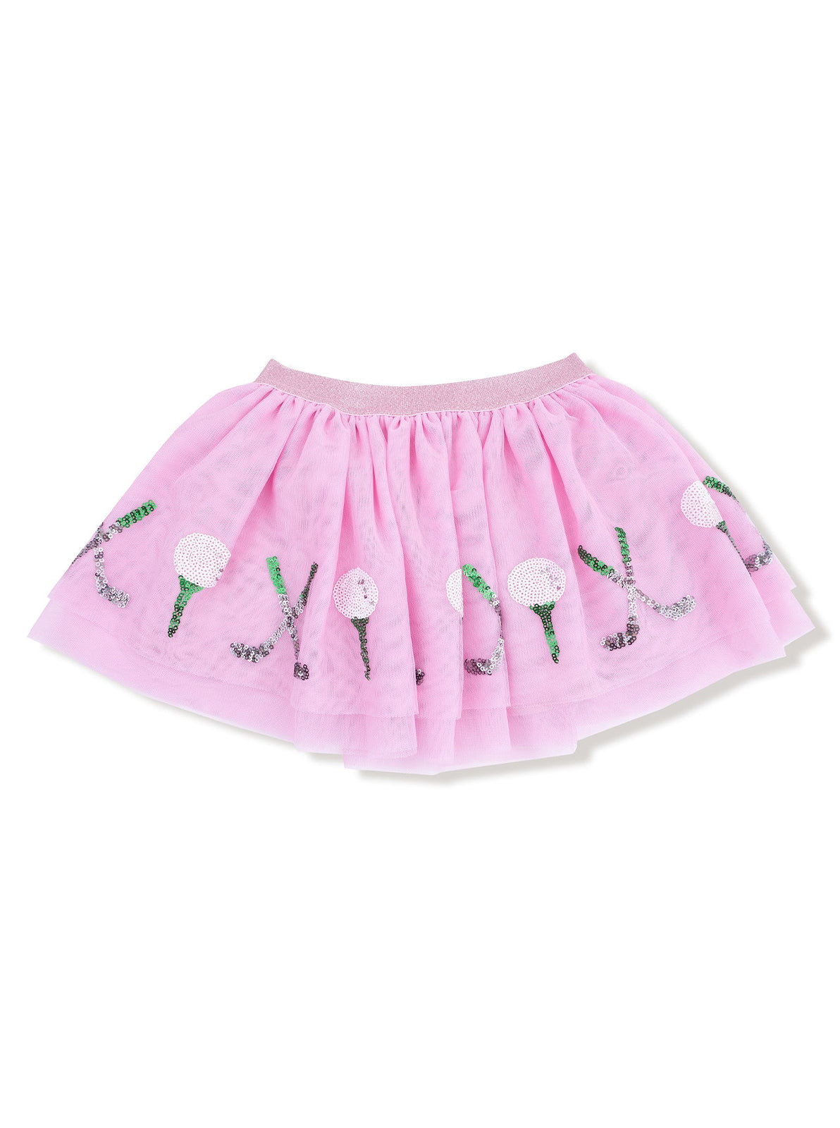 Light pink tulle skirt with sequin flower embellishments and elastic waistband. Perfect for kids' playful outfits.