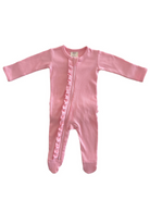 Pink ribbed baby onesie with long sleeves and ruffled zipper detail. Ideal for infants and toddlers.
