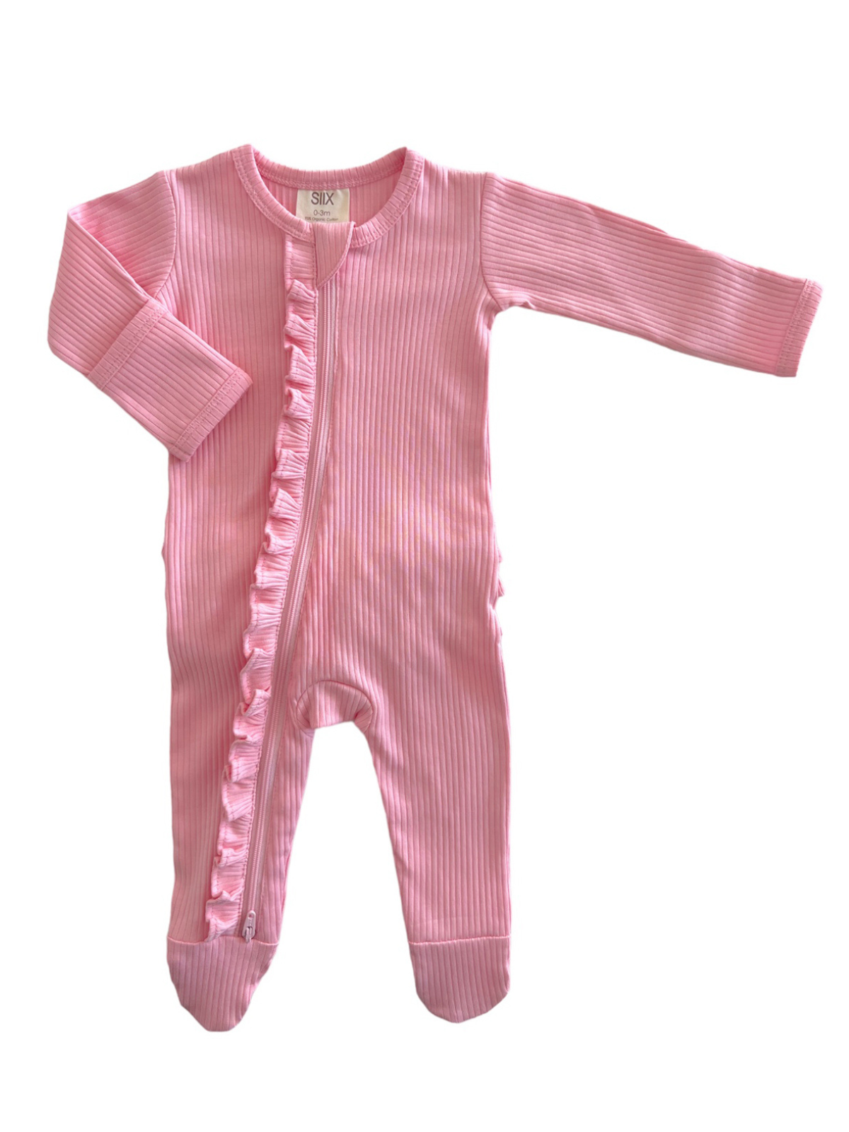Pink baby onesie with ruffle detail and zipper closure, featuring long sleeves and footed design.