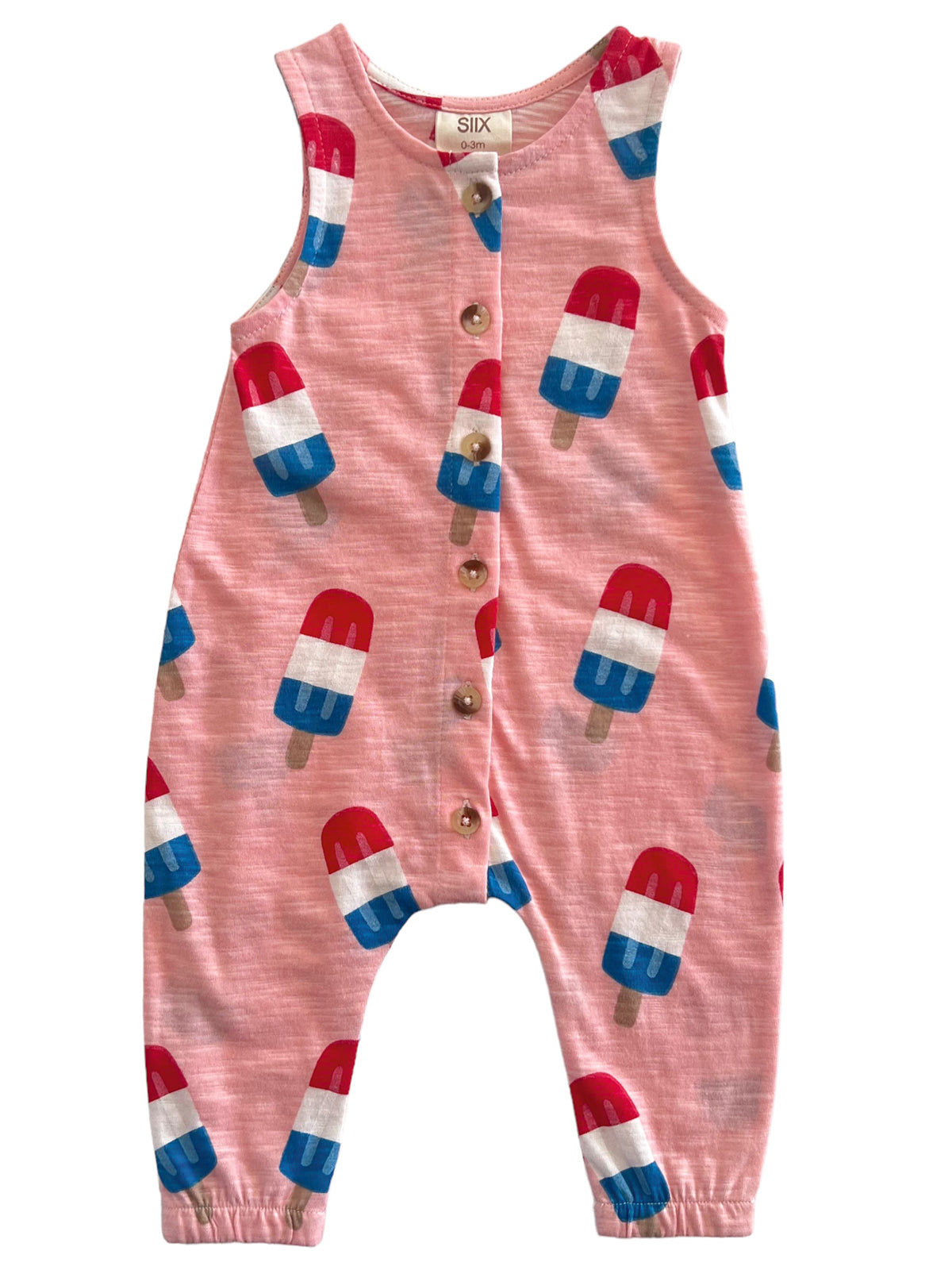 Pink children's romper with colorful popsicle pattern and buttons down the front. Ideal for warm weather wear.