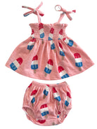 Pink dress and diaper set featuring colorful popsicle prints, perfect for a sunny day.