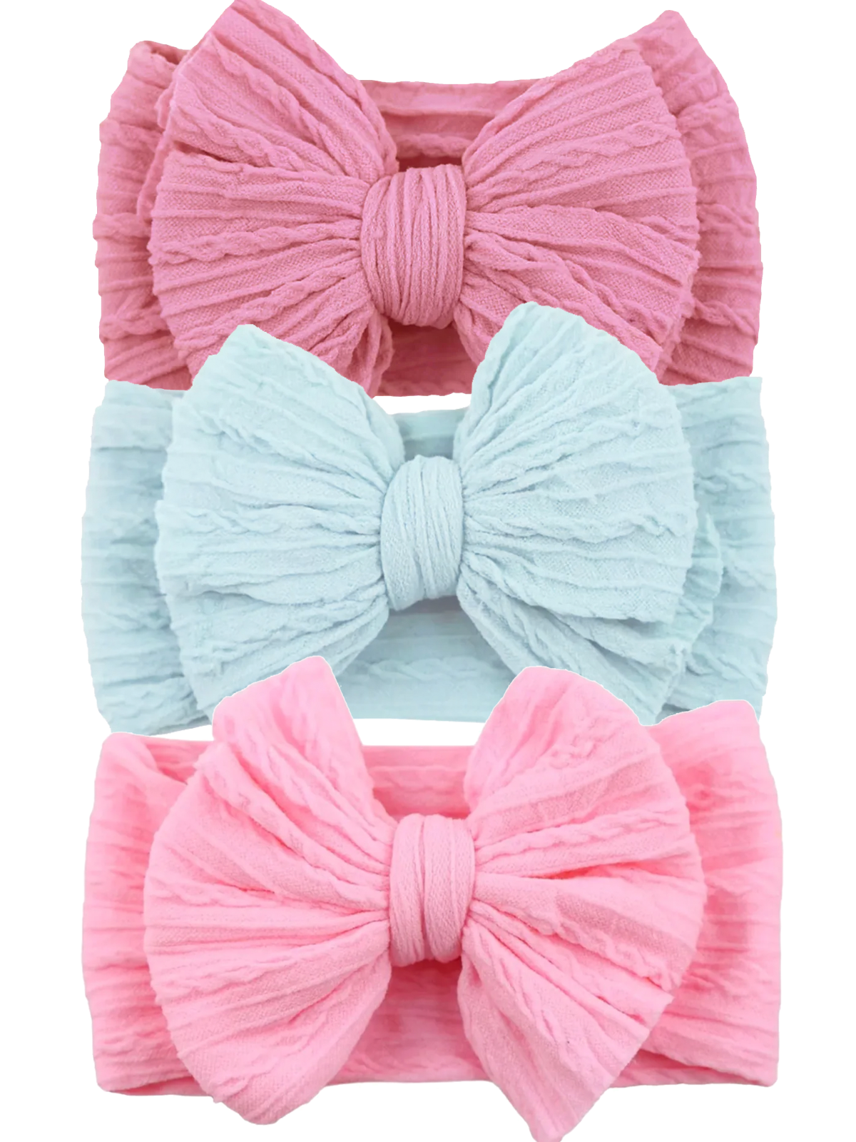 Three textured headbands in pink and blue with large bows. Ideal for infants and toddlers.
