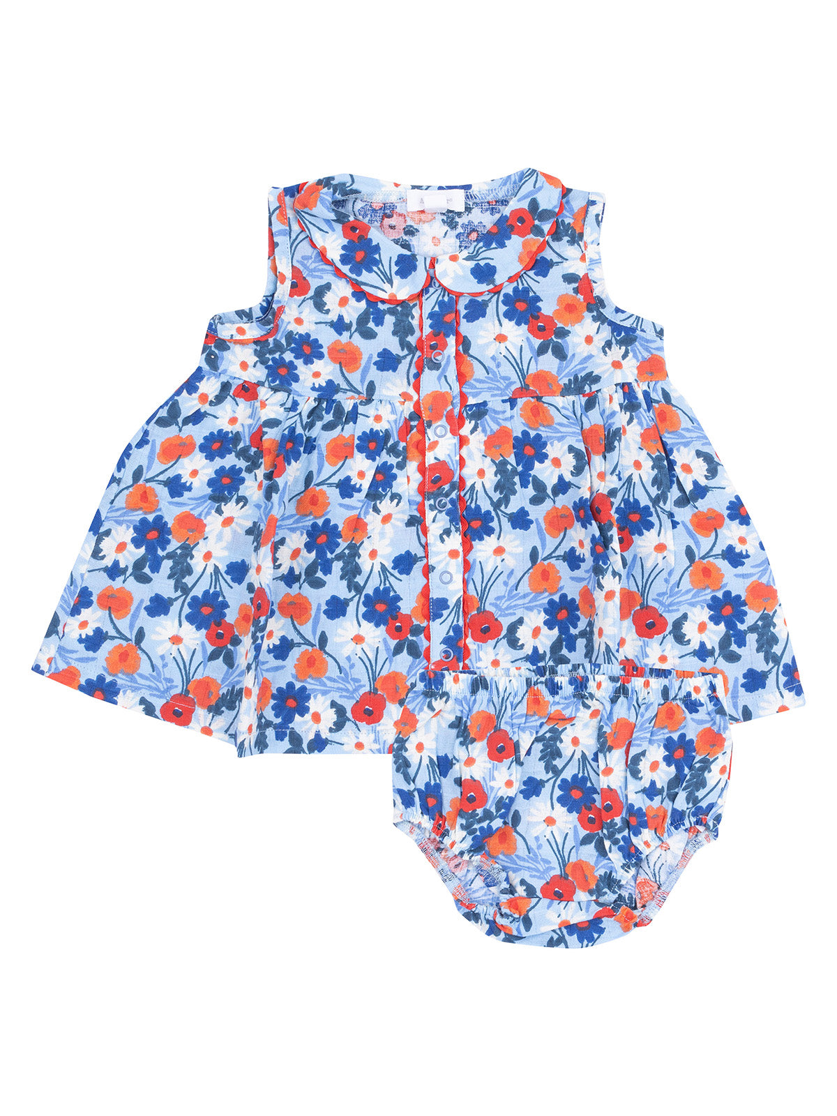 Floral baby romper in blue, red, and orange, featuring a sleeveless design with a collar and matching bloomers.