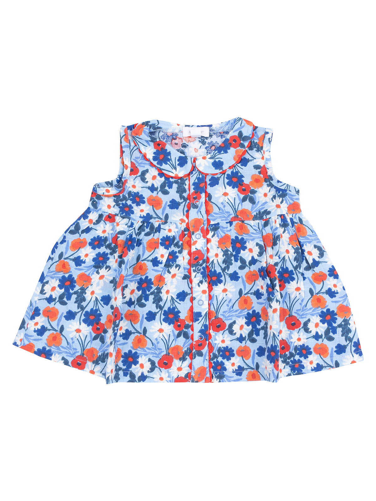 Floral patterned sleeveless children's top in blue, orange, and red with a button front and Peter Pan collar.