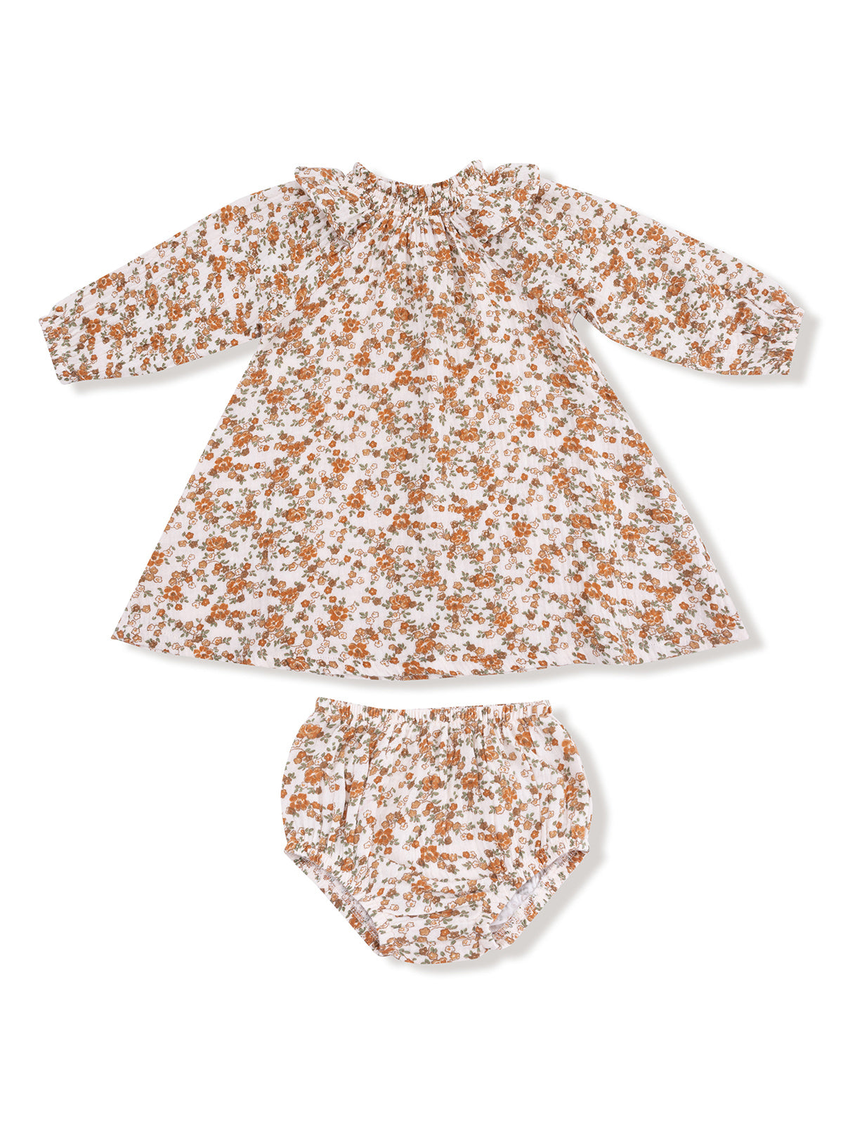 Floral print baby dress with matching bloomers, featuring long sleeves and a ruffled neckline.