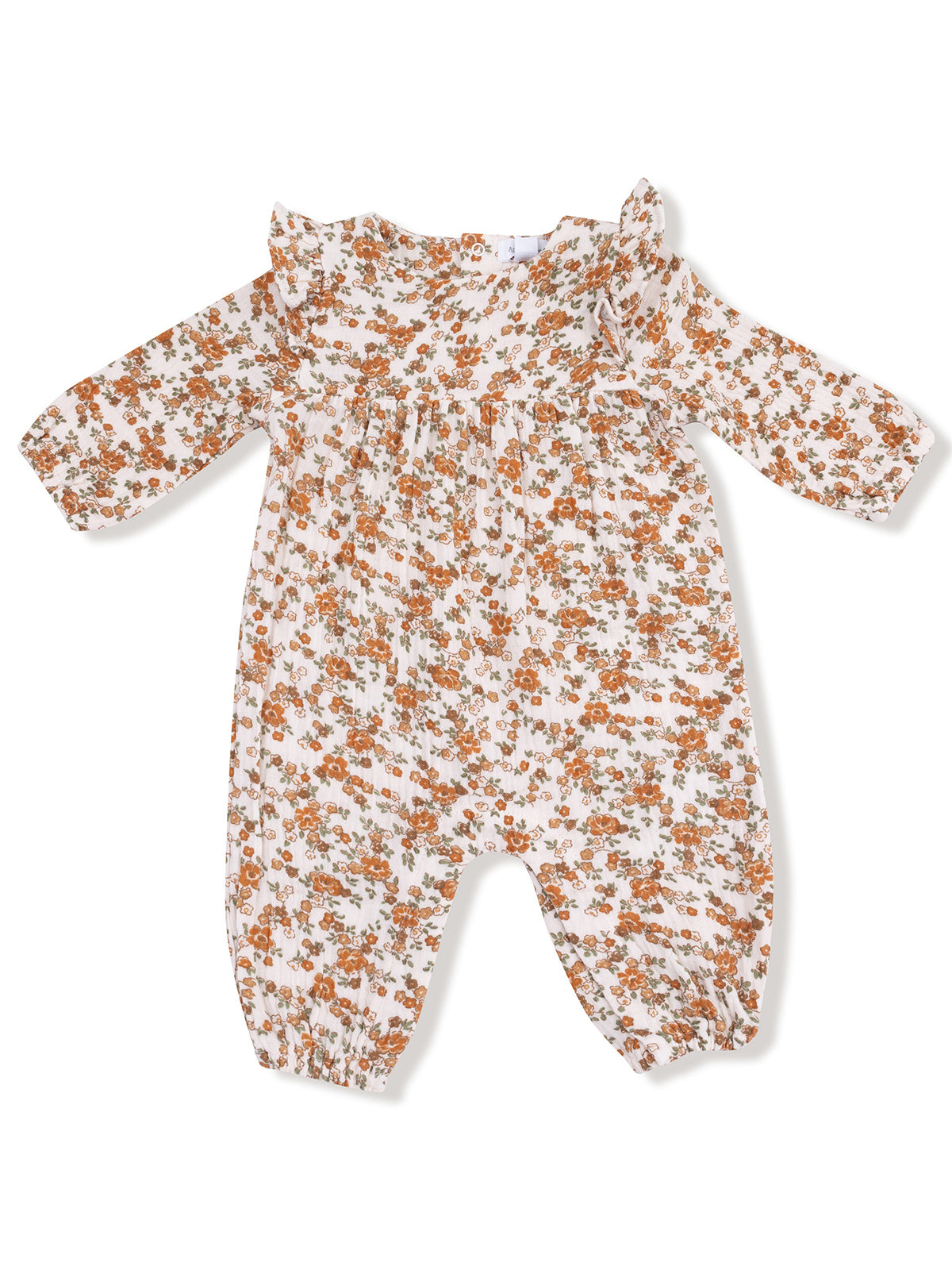 Floral infant romper with long sleeves and ruffled shoulders in white, orange, and green colors.