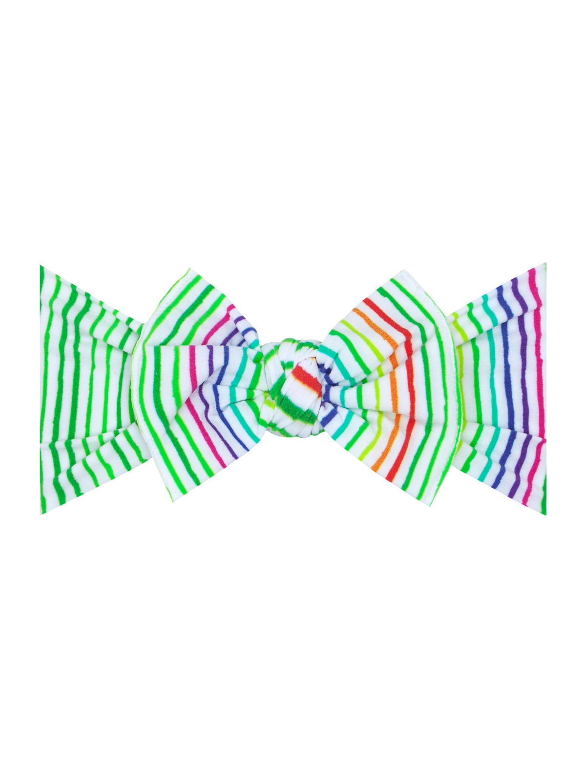 Colorful striped hair bow featuring green, purple, orange, and red stripes on a white background.