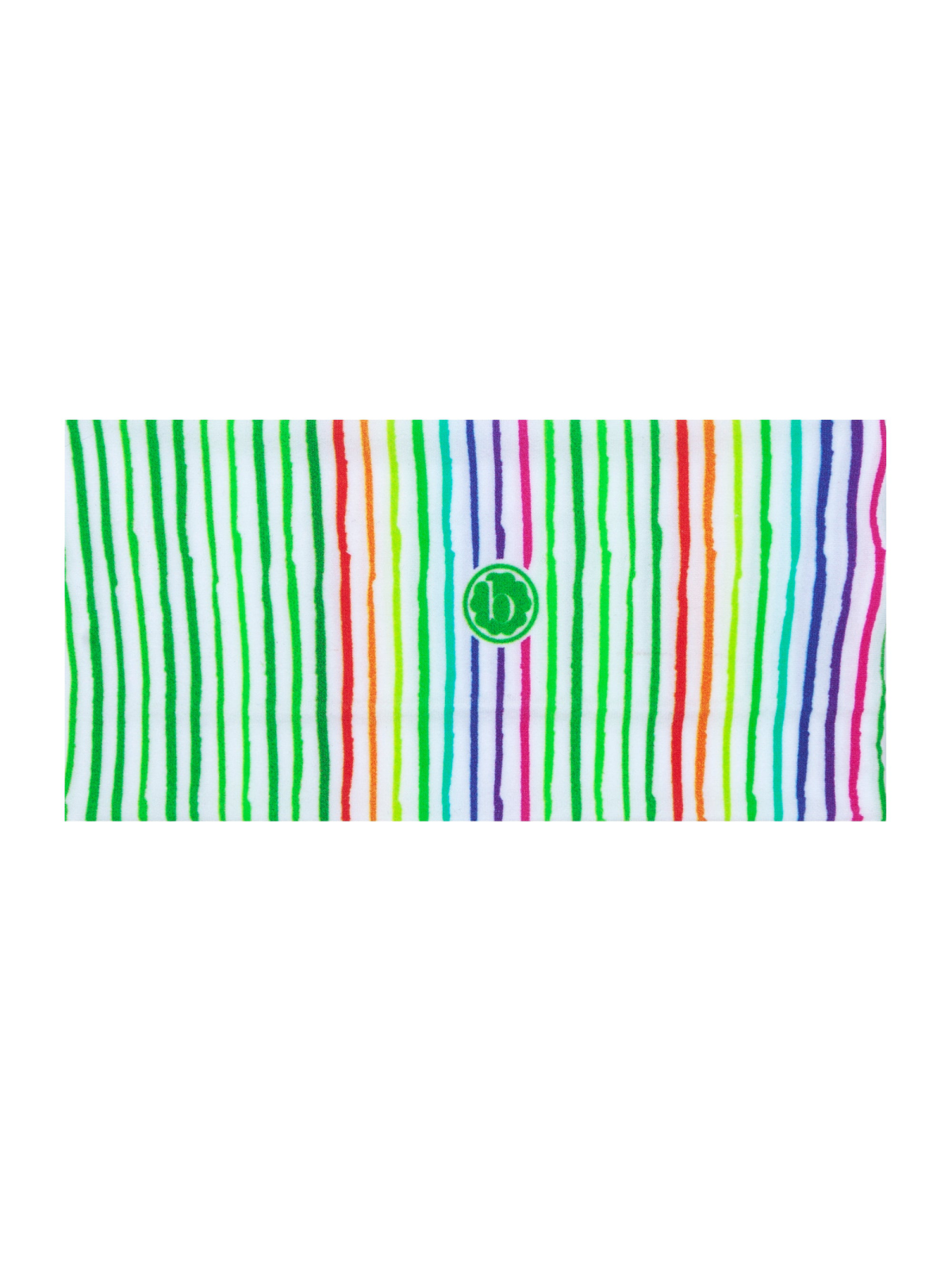 Colorful striped fabric with vertical lines in green, orange, pink, red, and purple, featuring a central logo.