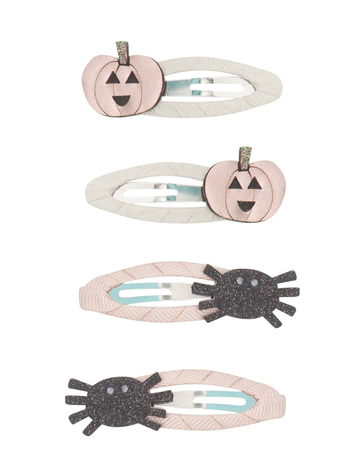 Halloween-themed hair clips featuring pumpkins and spiders in soft pastel colors.