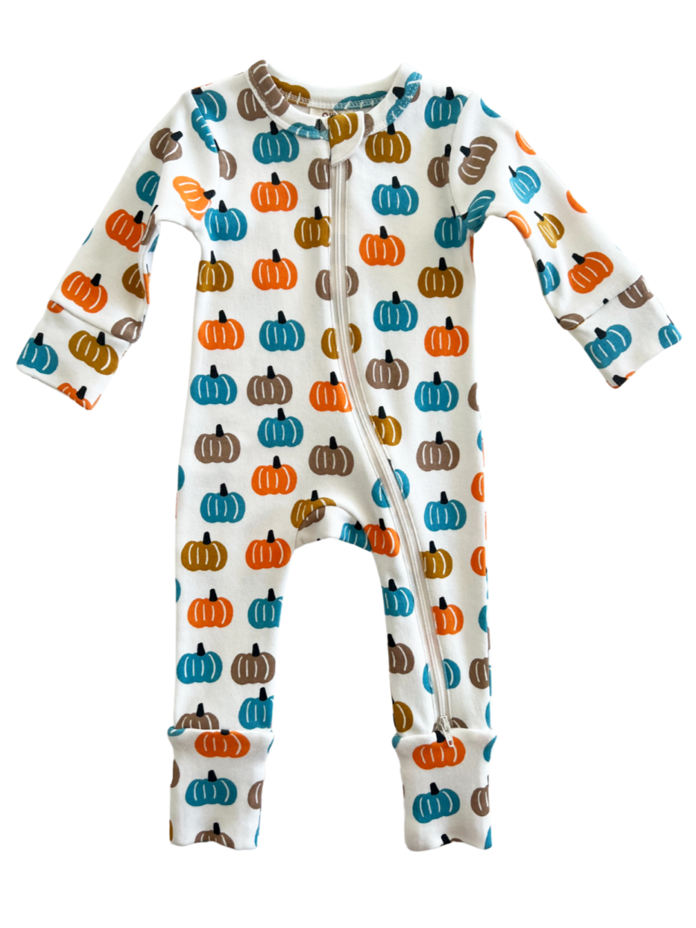 White baby onesie with colorful pumpkin patterns in orange, blue, and brown. Features a front zipper.