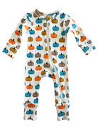 White baby onesie with colorful pumpkin patterns in orange, blue, and brown. Features a front zipper.